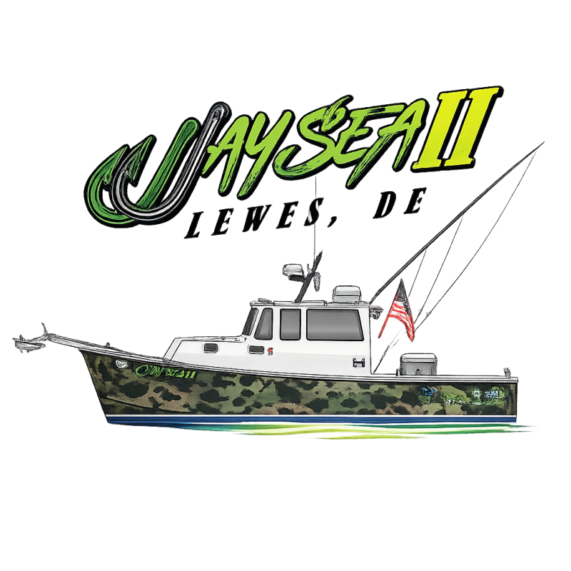 Illustration of a boat with camo print and fishing rods, text reads 'JAY SEA II, Lewes, DE'.