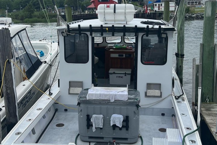 Rear view of a white boat docked, with fishing rods and a cooler on deck.